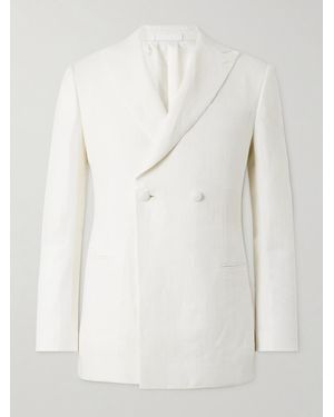 Kingsman Doppelreihige Smokingjacke aus Leinen mit Fischgratmuster - Weiß