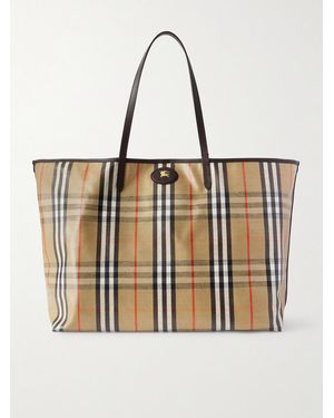 Burberry Full-Grain Leather-Trimmed Checked Coated-Canvas Tote Bag - Natural