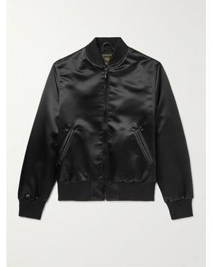 Golden Bear Sukajan Leather-Trimmed Satin Bomber Jacket - Black