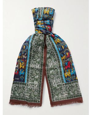 Drake's Frayed Printed Wool And Silk-Blend Scarf - Blue