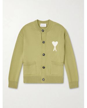 Ami Paris Logo-intarsia Virgin Wool And Cotton-blend Cardigan - Green