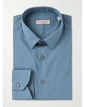 Canali Spread-Collar Cotton-Blend Poplin Shirt - Blue