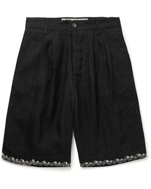 Kartik Research Straight-leg Pleated Embroidered Linen Shorts - Black