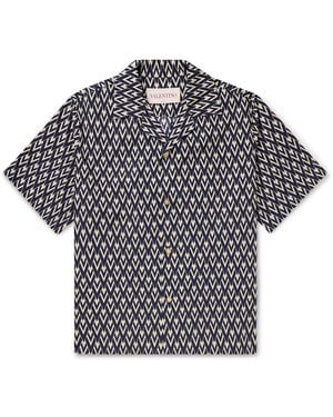 Valentino Garavani Camp-Collar Logo-Print Cotton-Poplin Shirt - Gray
