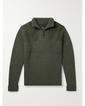 James Purdey & Sons Commando Suede-Trimmed Ribbed Wool Half-Zip Sweater - Green