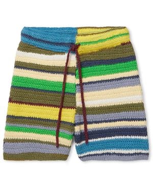 The Elder Statesman Straight-Leg Striped Crocheted Organic Cotton Drawstring Shorts - Green