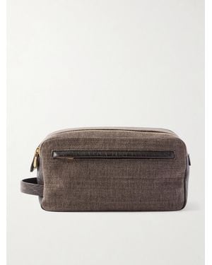 Brunello Cucinelli Leather-Trimmed Woven Wash Bag - Brown