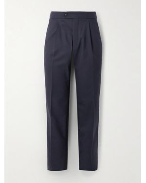 Brioni Firenze Tapered Pleated Leather-Trimmed Grain De Poudre Wool Trousers - Blue