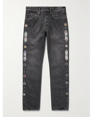 Kapital Monkey Cisco Straight-Leg Embellished Leather-Trimmed Jeans - Grey