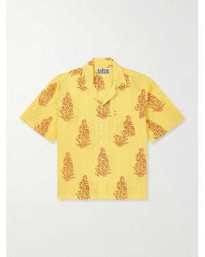 Kartik Research Camp-Collar Printed Linen Shirt - Yellow