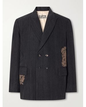 Kartik Research Double-Breasted Embroidered Handwoven Linen And Wool-Blend Suit Jacket - Black