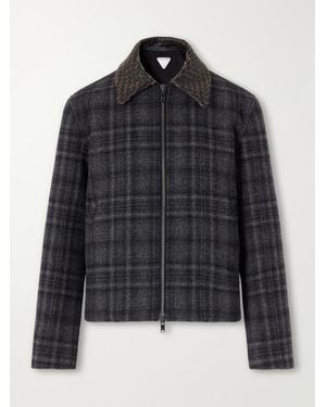 Bottega Veneta Intrecciato Leather-Trimmed Checked Brushed Wool-Blend Blouson Jacket - Black