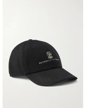 Brunello Cucinelli Logo-Embroidered Leather-Trimmed Cotton-Twill Baseball Cap - Black