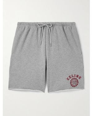 Celine Straight-Leg Logo-Flocked Cotton-Jersey Drawstring Shorts - Grey