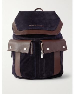 Brunello Cucinelli Leather-Trimmed Suede Backpack - Blue