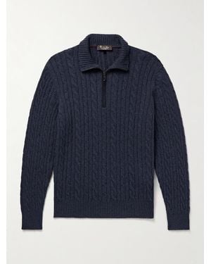 Loro Piana Slim-Fit Suede-Trimmed Cable-Knit Baby Cashmere Half-Zip Sweater - Blue