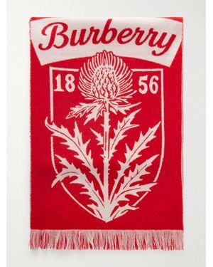 Burberry Logo-Jacquard Fringed Wool Scarf - Red