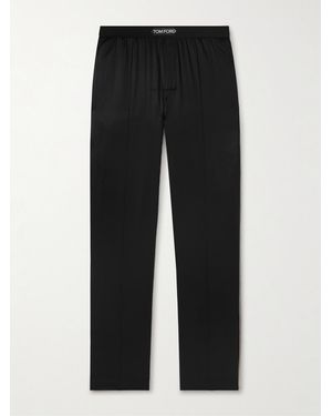 Tom Ford Velvet-Trimmed Stretch-Silk Satin Pyjama Trousers - Black