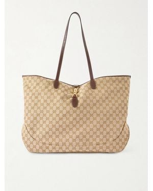 Gucci Jackie Large Leather-Trimmed Monogrammed Canvas Tote Bag - Natur