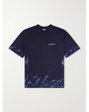Balenciaga Logo-embroidered Paint-splattered Cotton-jersey T-shirt - Blue