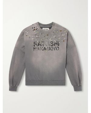 Satoshi Nakamoto Crystal Castle Logo-printed Embellished Distressed Cotton Sweatshirt - Grey
