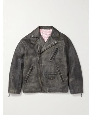 Acne Studios Logo-Embossed Leather Biker Jacket - Grey