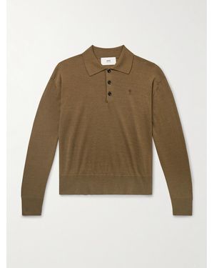 Ami Paris Logo-Embroidered Virgin Wool And Silk-Blend Polo Shirt - Green