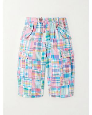Beams Plus Beach Straight-Leg Patchwork Checked Cotton Cargo Shorts - Blue