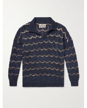 Kartik Research Pullover aus Baumwolle in Lochstrick mit Intarsienmuster und Polokragen - Blau