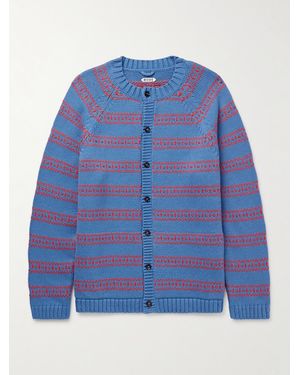 Bode Meandering Striped Jacquard-Knit Pima Cotton And Merino Wool-Blend Cardigan - Blue