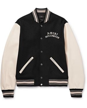 Amiri Hollywood Logo-Embroidered Leather And Wool-Blend Flannel Varsity Jacket - Black