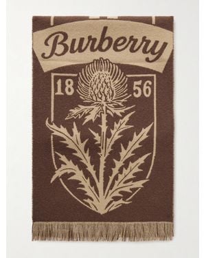 Burberry Logo-jacquard Fringed Wool Scarf - Brown