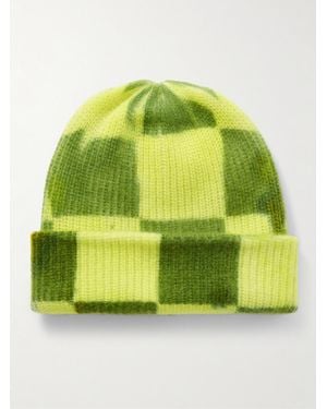 The Elder Statesman Chess Checked Ribbed Cashmere Beanie - Green