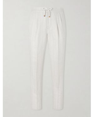 Brunello Cucinelli Straight-Leg Pinstriped Pleated Linen Trousers - White