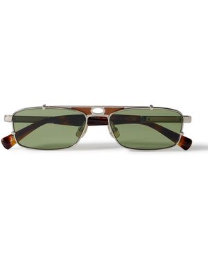 Brunello Cucinelli Square-Frame Leather-Trimmed-Tone Sunglasses - Green