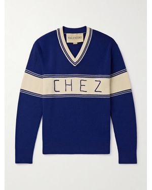 Valentino Garavani Embroidered Striped Virgin Wool And Cotton-Blend Jumper - Blue