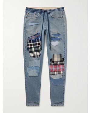 Greg Lauren Slim-Fit Tapered Flannel Patchwork Jeans - Blue