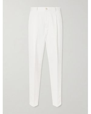 Brunello Cucinelli Straight-Leg Pleated Herringbone Cotton And Linen-Blend Trousers - White