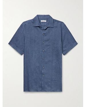 Loro Piana André Camp-Collar Linen Shirt - Blue