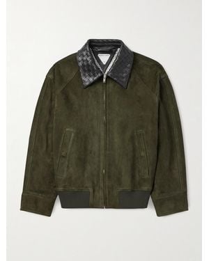 Bottega Veneta Intrecciato Leather-trimmed Suede Bomber Jacket - Green
