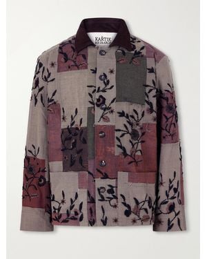 Kartik Research Embroidered Patchwork Suede-Trimmed Cotton Chore Jacket - Green