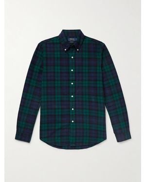 Polo Ralph Lauren Button-Down Collar Logo-Embroidered Checked Brushed-Cotton Oxford Shirt - Blue