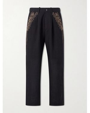 Kartik Research Straight-Leg Zardozi Embroidered Pleated Linen Trousers - Blue