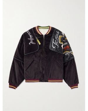 Kapital Embroidered Quilted Shell-Trimmed Cotton-Velvet Bomber Jacket - Blue