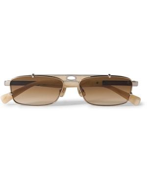 Brunello Cucinelli Square-frame Leather-trimmed Gold-tone Sunglasses - Metallic