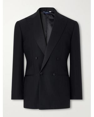 Thom Sweeney Double-Breasted Satin-Trimmed Wool-Fresco Suit Jacket - Blue