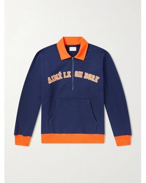 Aimé Leon Dore Logo-Embroidered Cotton-Jersey Half-Zip Sweatshirt - Blue