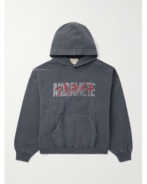 Remi Relief Akiramete Distressed Printed Cotton-Jersey Hoodie - Blue