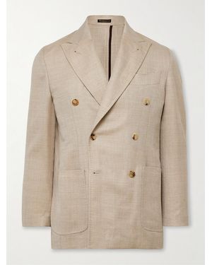 Rubinacci Unstructured Double-Breasted Herringbone Virgin Wool, Silk And Linen-Blend Blazer - Natural