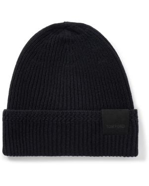Tom Ford Logo-Appliquéd Ribbed Cashmere Beanie - Blue